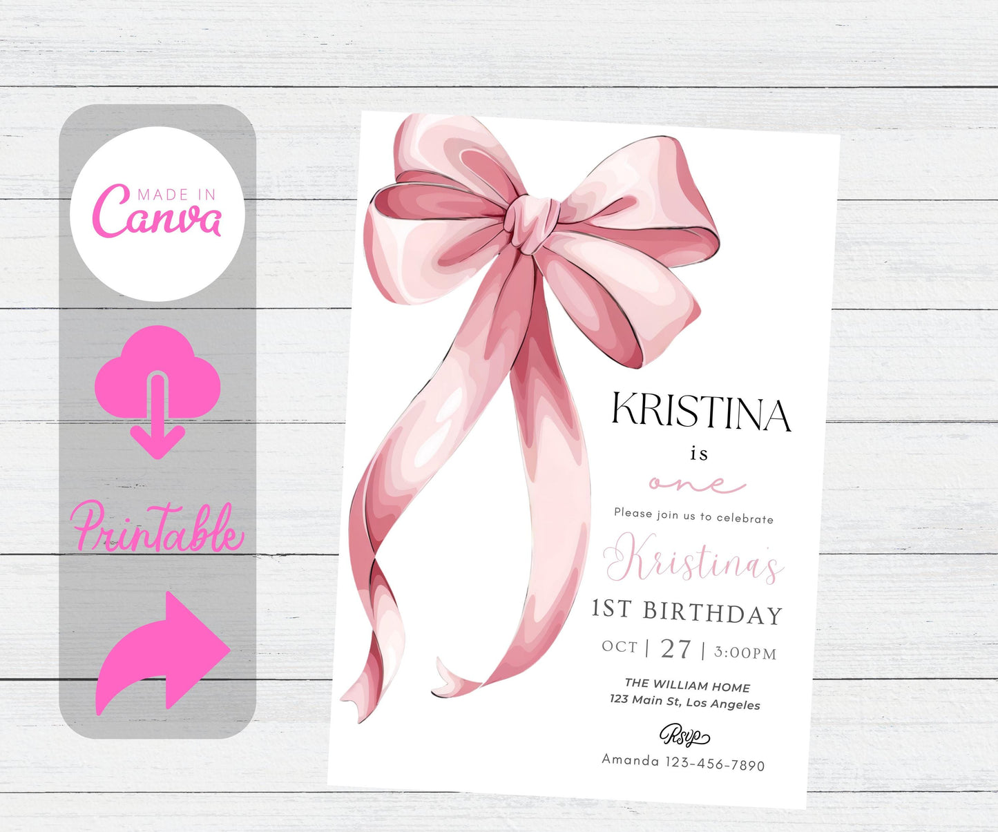 Pink Bow 1st Birthday Invitation Girl, First Birthday Template Printable, Pink Coquette Bow Invitation 1st Birthday Girl Invite, Bow Invite