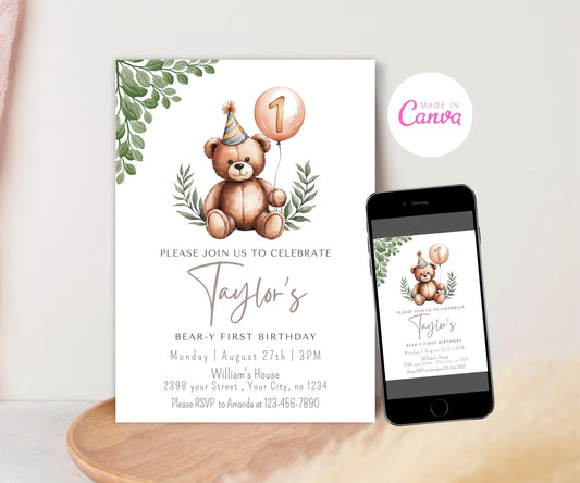 Greenery Bear Birthday Invitation, Editable ANY AGE Teddy Bear Neutral Invite Beary First Boho Birthday Minimalist Invite Printable Template