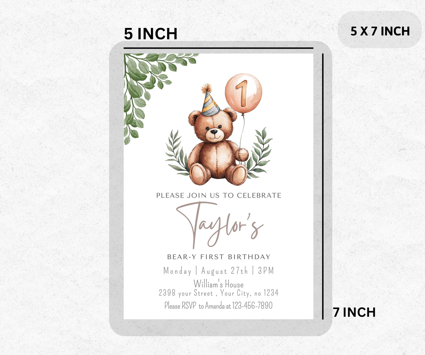 Greenery Bear Birthday Invitation, Editable ANY AGE Teddy Bear Neutral Invite Beary First Boho Birthday Minimalist Invite Printable Template