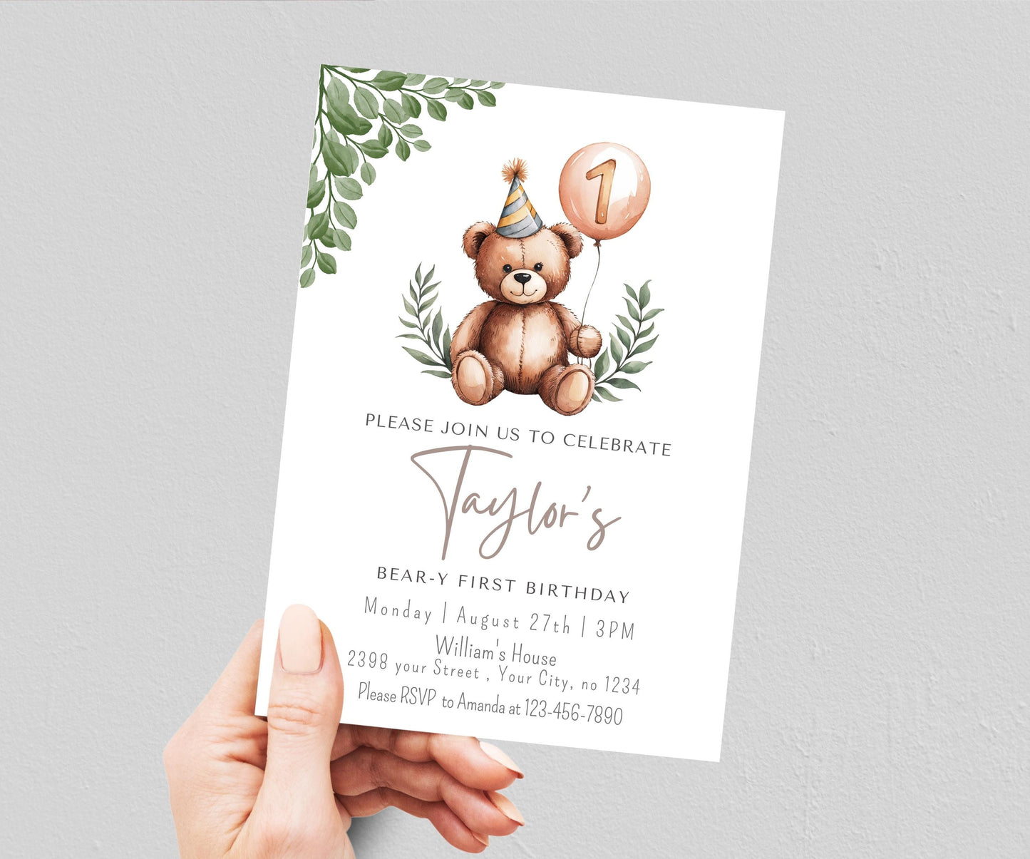 Greenery Bear Birthday Invitation, Editable ANY AGE Teddy Bear Neutral Invite Beary First Boho Birthday Minimalist Invite Printable Template