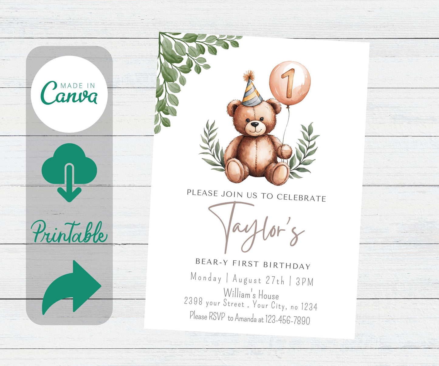 Greenery Bear Birthday Invitation, Editable ANY AGE Teddy Bear Neutral Invite Beary First Boho Birthday Minimalist Invite Printable Template