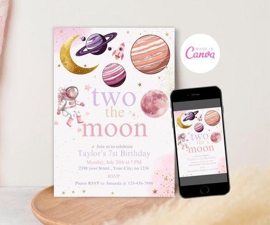 Two the Moon 1st Birthday Invite Girl, Pastel Outerspace Invitation, Space 2nd Birthday Invitation, Girl 3rd Birthday, Two the Moon Party