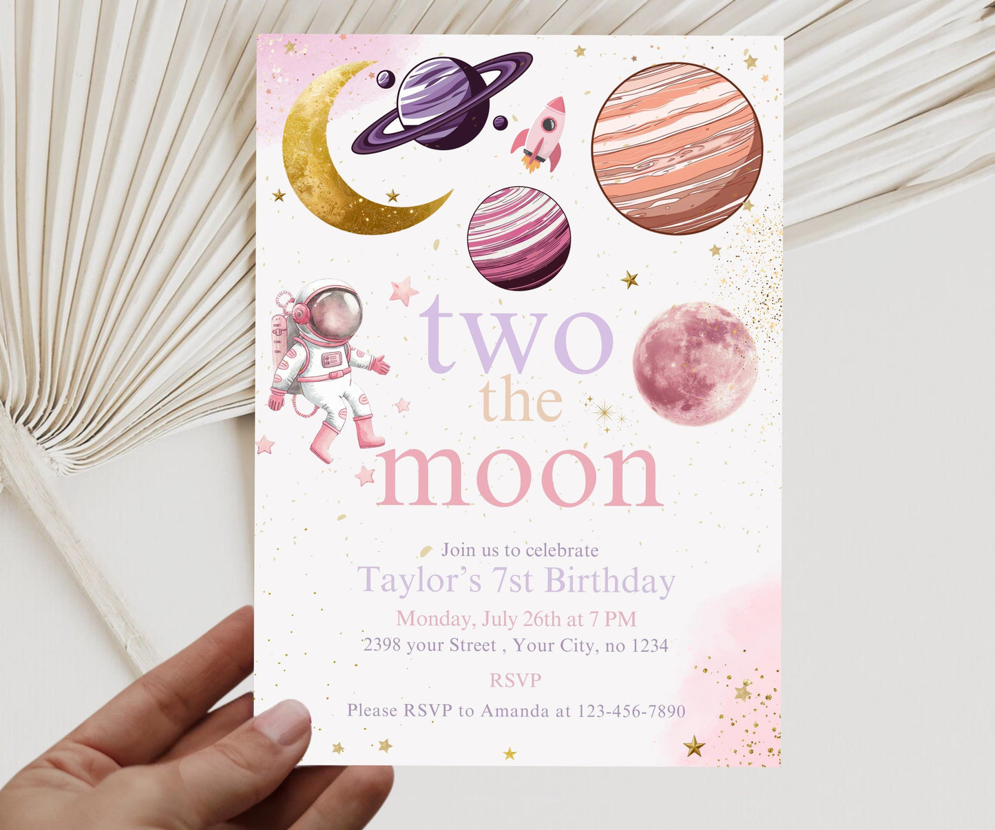 Two the Moon 1st Birthday Invite Girl, Pastel Outerspace Invitation, Space 2nd Birthday Invitation, Girl 3rd Birthday, Two the Moon Party