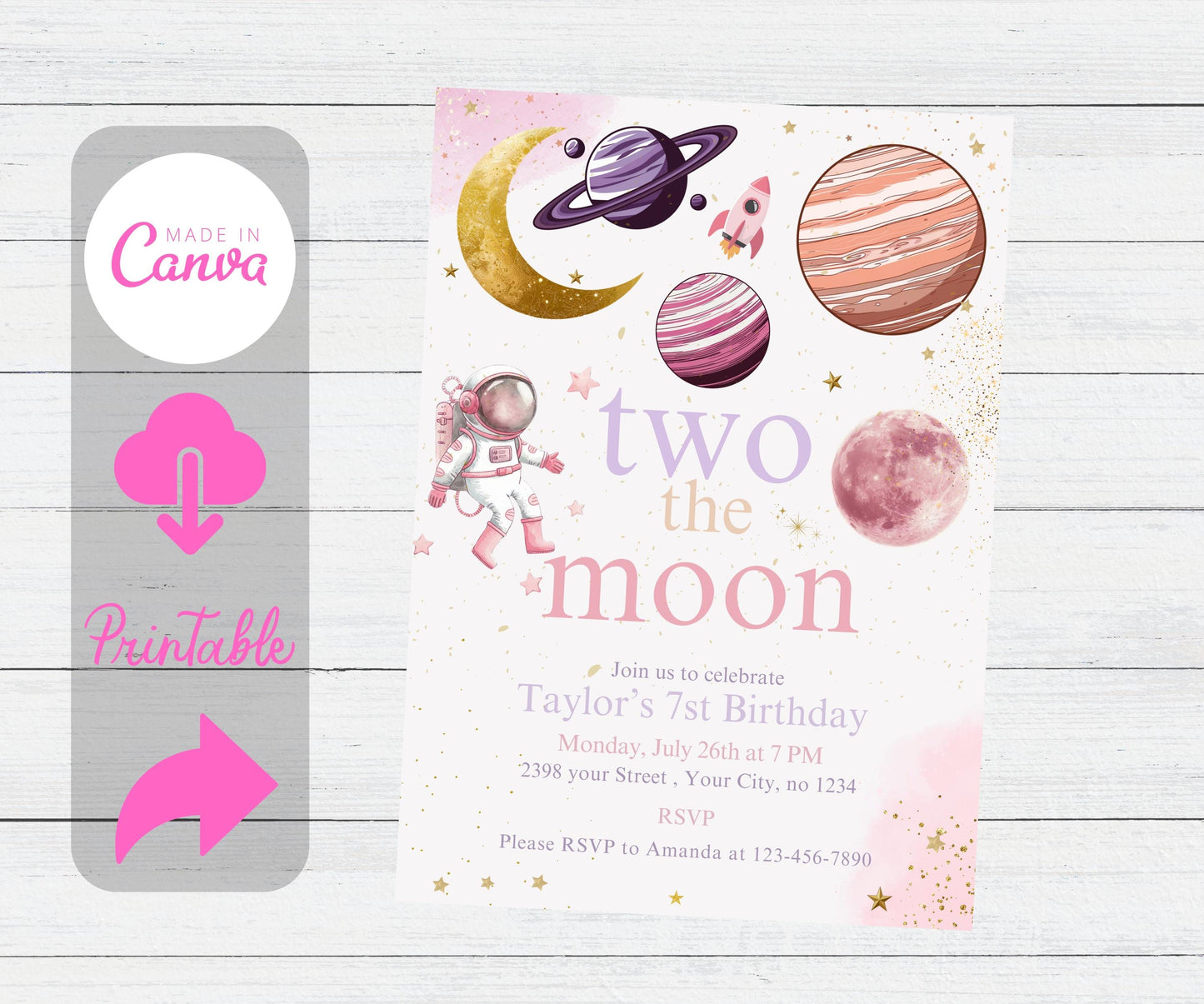 Two the Moon 1st Birthday Invite Girl, Pastel Outerspace Invitation, Space 2nd Birthday Invitation, Girl 3rd Birthday, Two the Moon Party