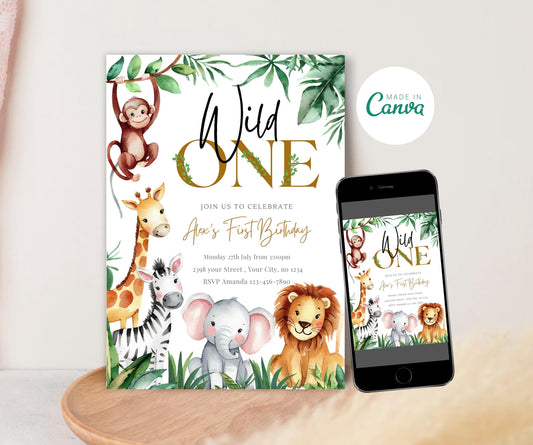 EDITABLE Safari Birthday Invitation, Wild One 1st Birthday Invite, Gold Jungle Animals 2nd invitations, Printable template Instant Download