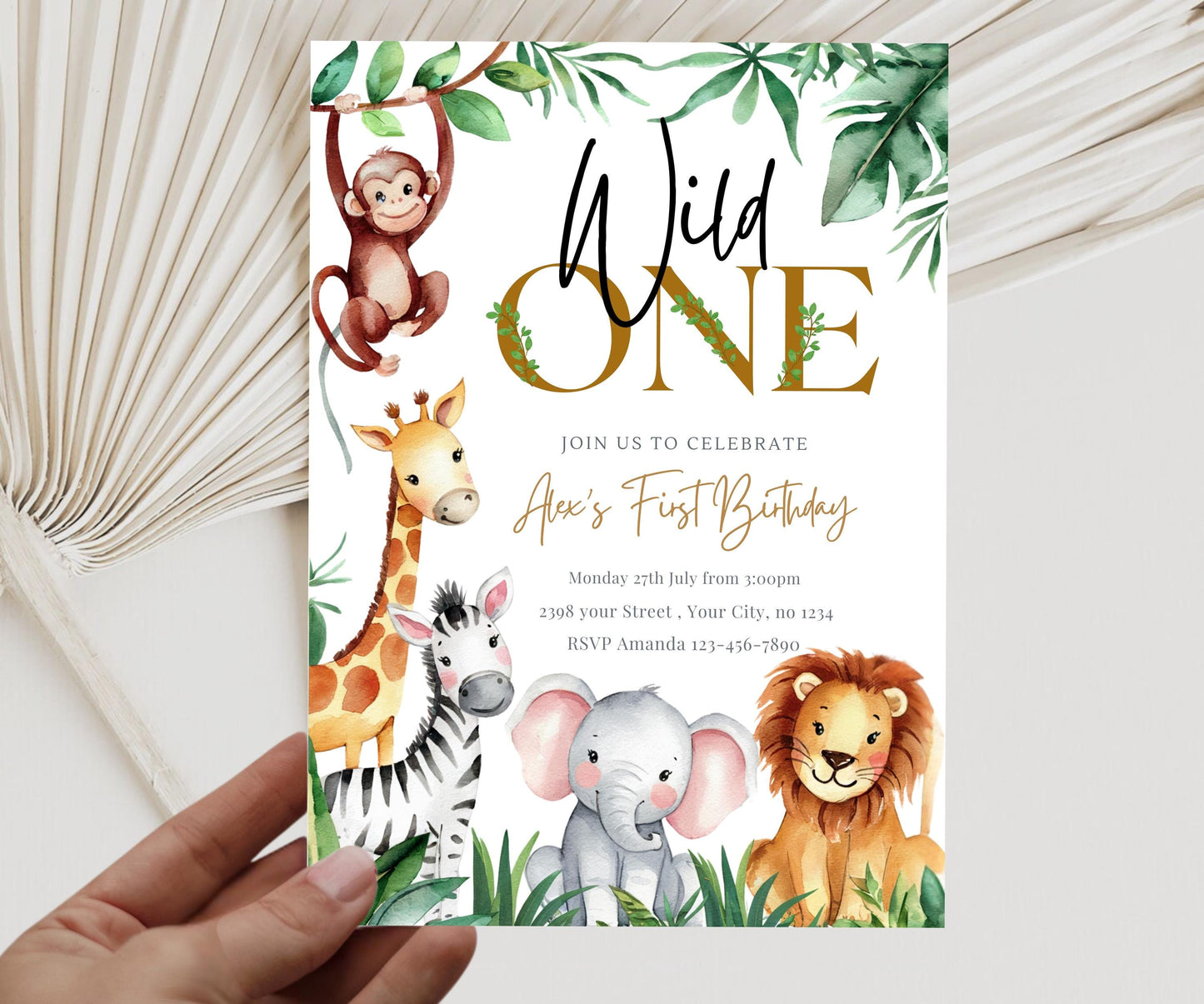 EDITABLE Safari Birthday Invitation, Wild One 1st Birthday Invite, Gold Jungle Animals 2nd invitations, Printable template Instant Download