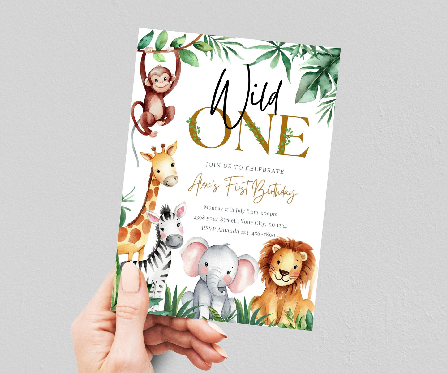 EDITABLE Safari Birthday Invitation, Wild One 1st Birthday Invite, Gold Jungle Animals 2nd invitations, Printable template Instant Download