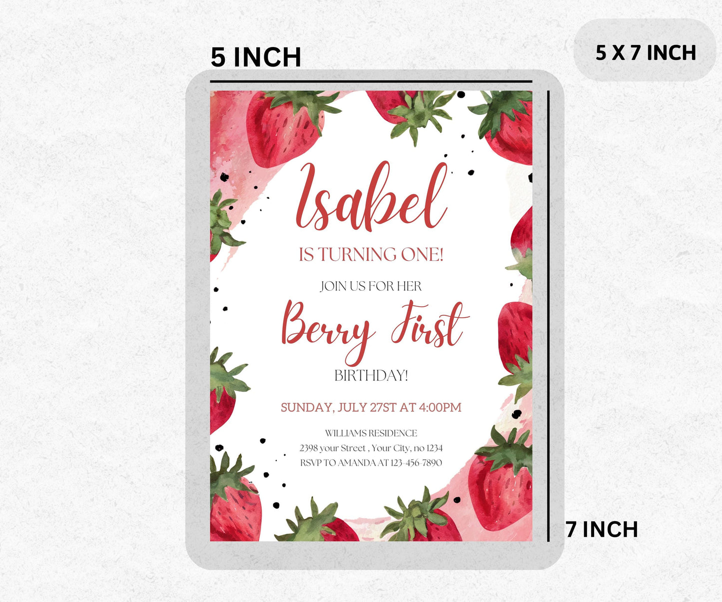 Editable Berry First Strawberry Birthday Invitation, Red Strawberry 1st Birthday Invite, Berry Sweet 2nd Birthday 3rd Invitation Template