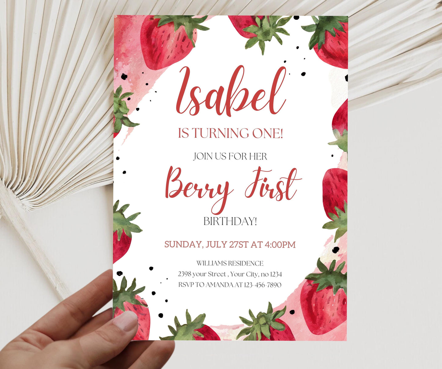 Editable Berry First Strawberry Birthday Invitation, Red Strawberry 1st Birthday Invite, Berry Sweet 2nd Birthday 3rd Invitation Template