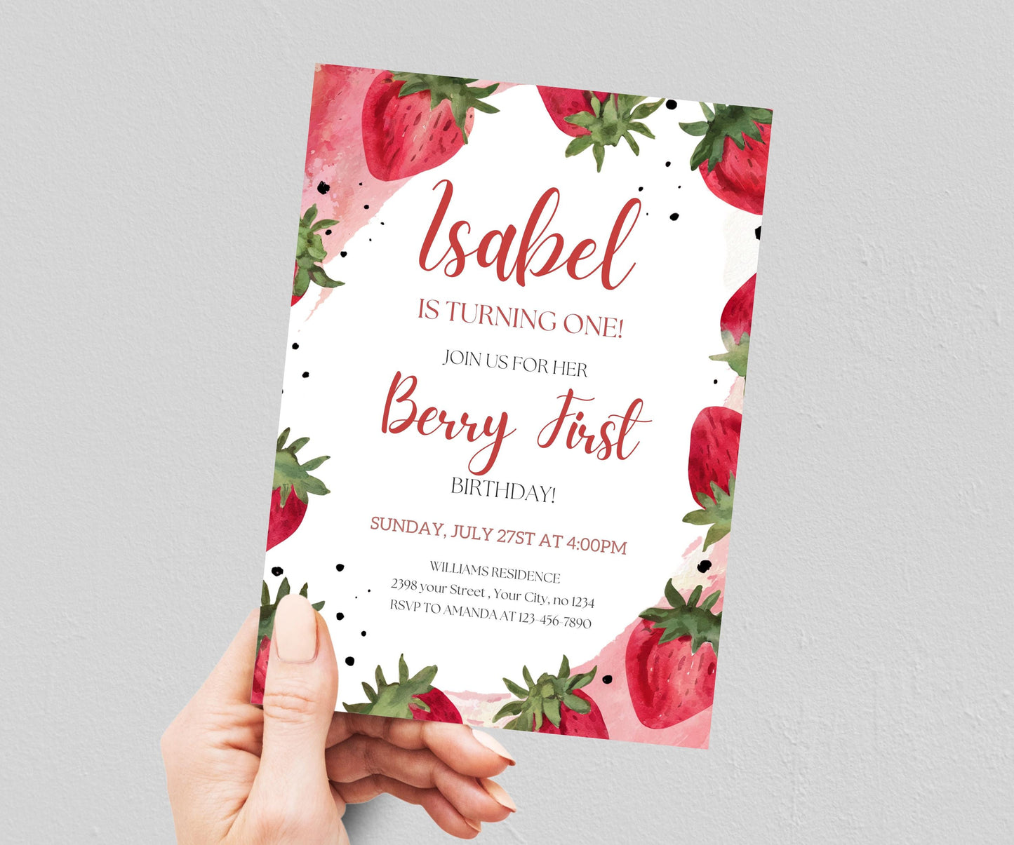 Editable Berry First Strawberry Birthday Invitation, Red Strawberry 1st Birthday Invite, Berry Sweet 2nd Birthday 3rd Invitation Template