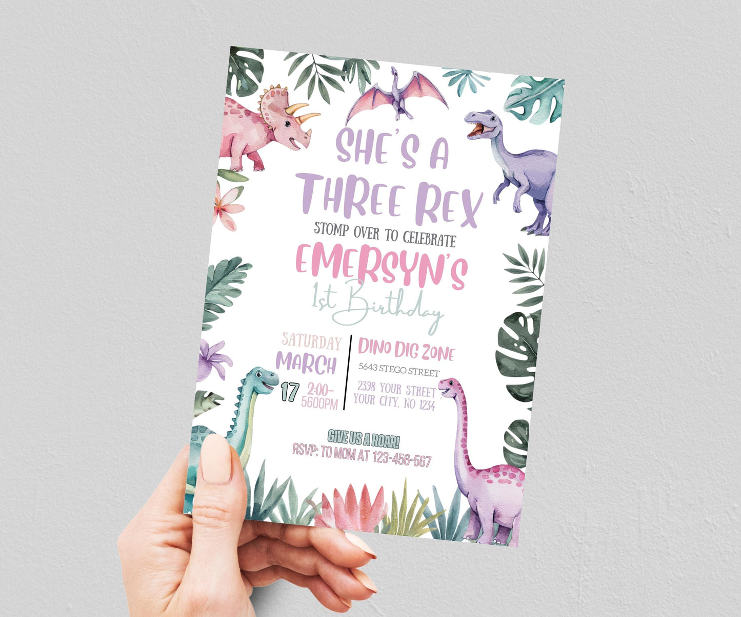 EDITABLE Pastel Dinosaur Birthday Invitation Girl Three Rex Party Editable Invite Cute Dino Pink Template Printable