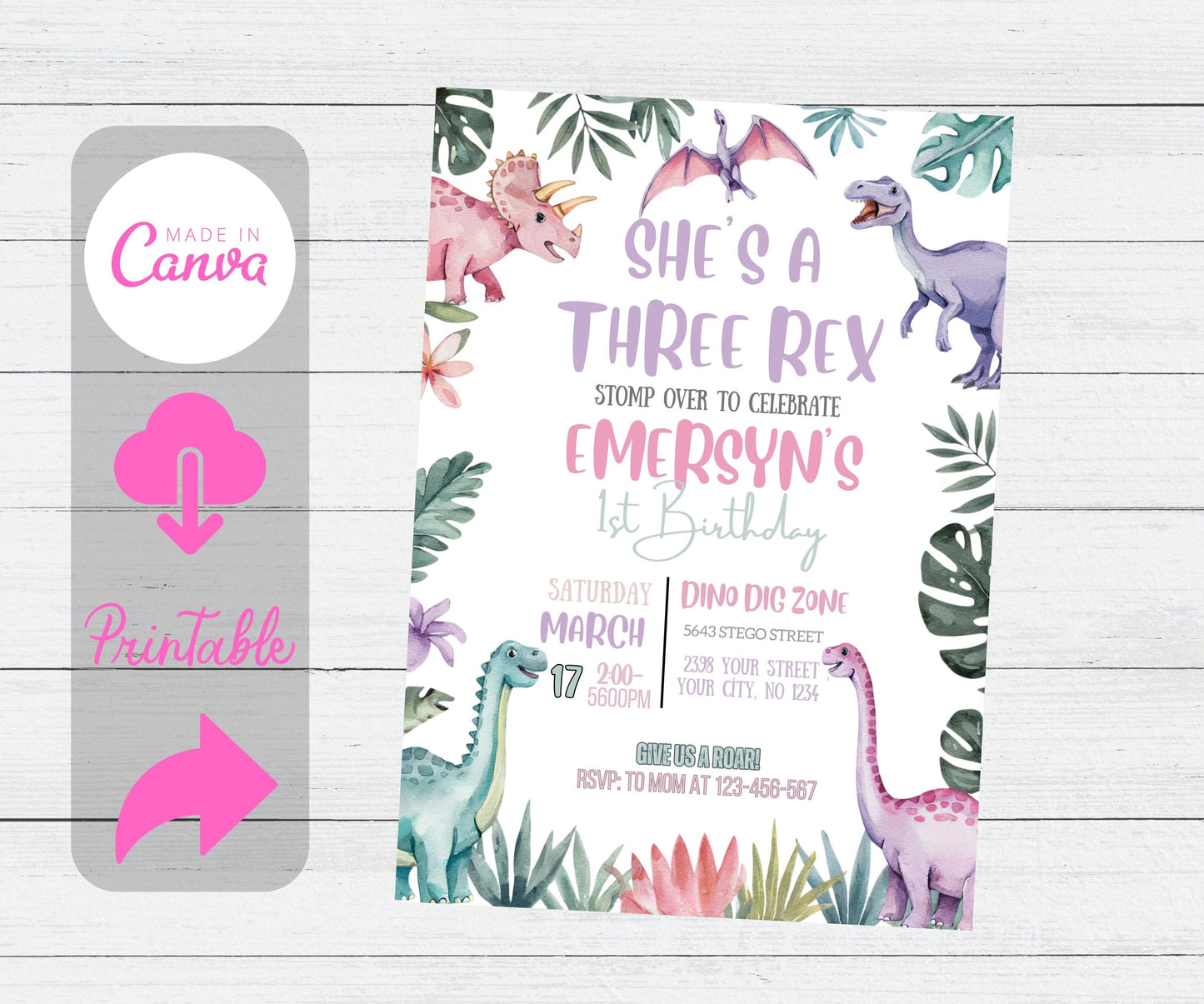 EDITABLE Pastel Dinosaur Birthday Invitation Girl Three Rex Party Editable Invite Cute Dino Pink Template Printable