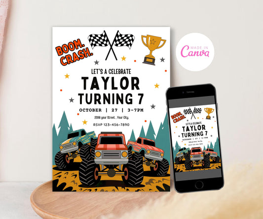 Monster Truck Birthday Invitation, Boom Crash It's A Monster Truck Bash! birthday boy Invite, Boy Monster Truck Dirt Birthday Invite