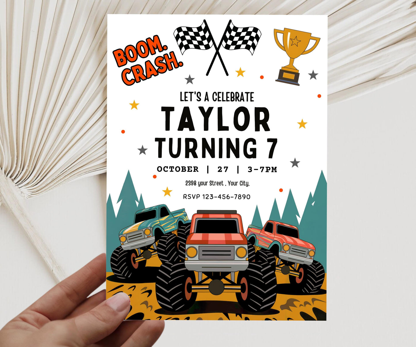 Monster Truck Birthday Invitation, Boom Crash It's A Monster Truck Bash! birthday boy Invite, Boy Monster Truck Dirt Birthday Invite