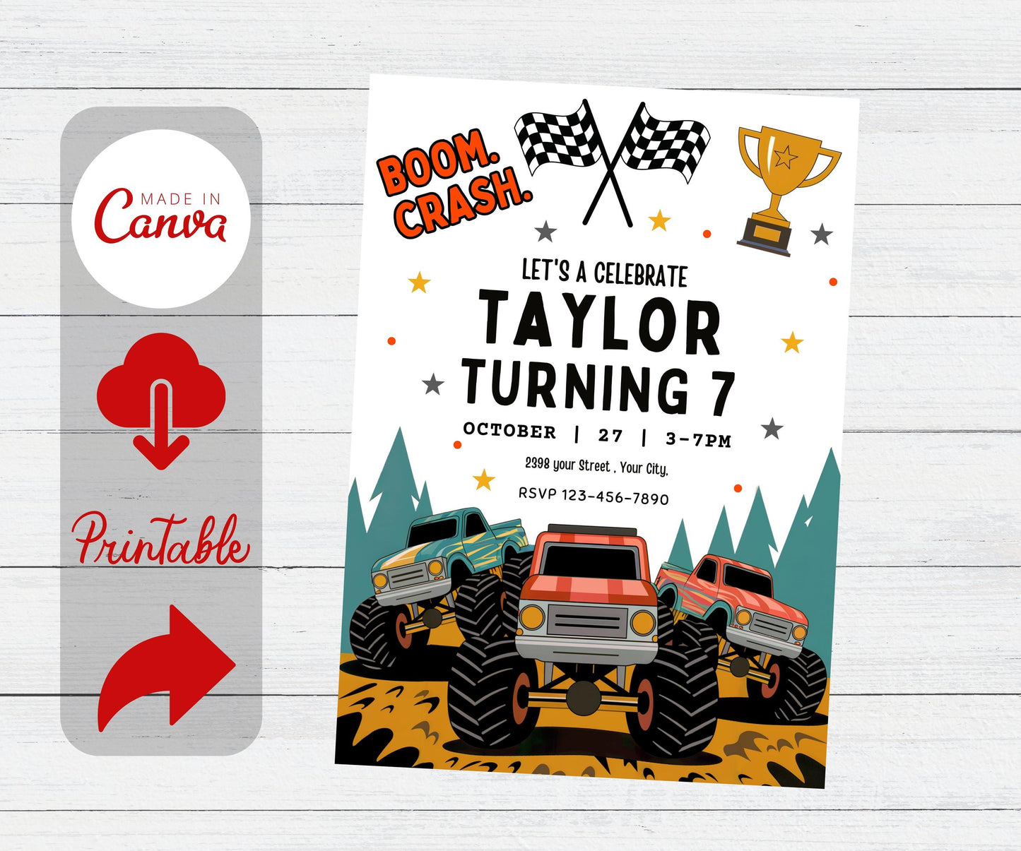 Monster Truck Birthday Invitation, Boom Crash It's A Monster Truck Bash! birthday boy Invite, Boy Monster Truck Dirt Birthday Invite