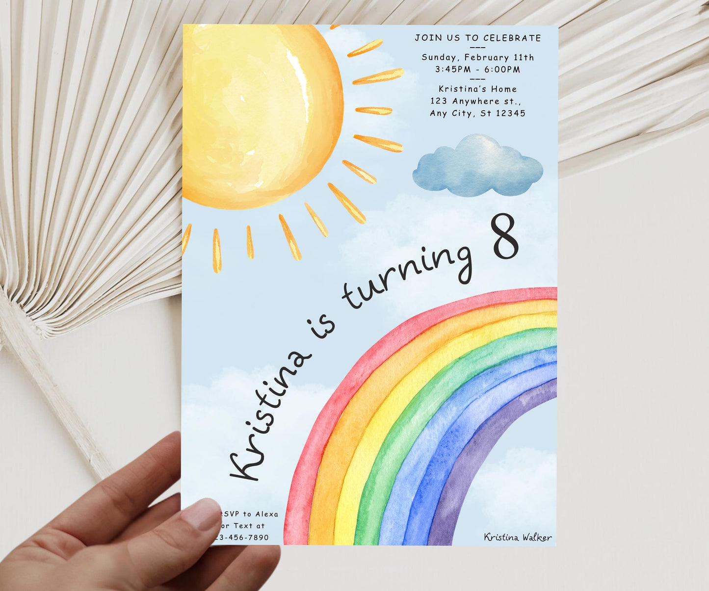 Editable Watercolor Rainbow Birthday Party Invitation Template, Colorful Birthday Party Invite, Digital Girls Birthday Party Invites