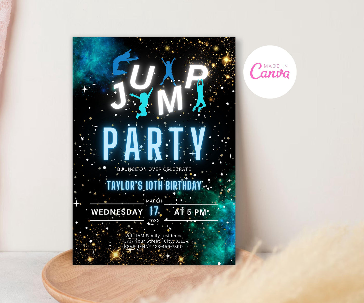 Editable Jump Birthday Invitation, Jump Invite, Trampoline Party, Bounce House, Let's Jump Party, Trampoline Park, Blue Jump, Glow Galaxy