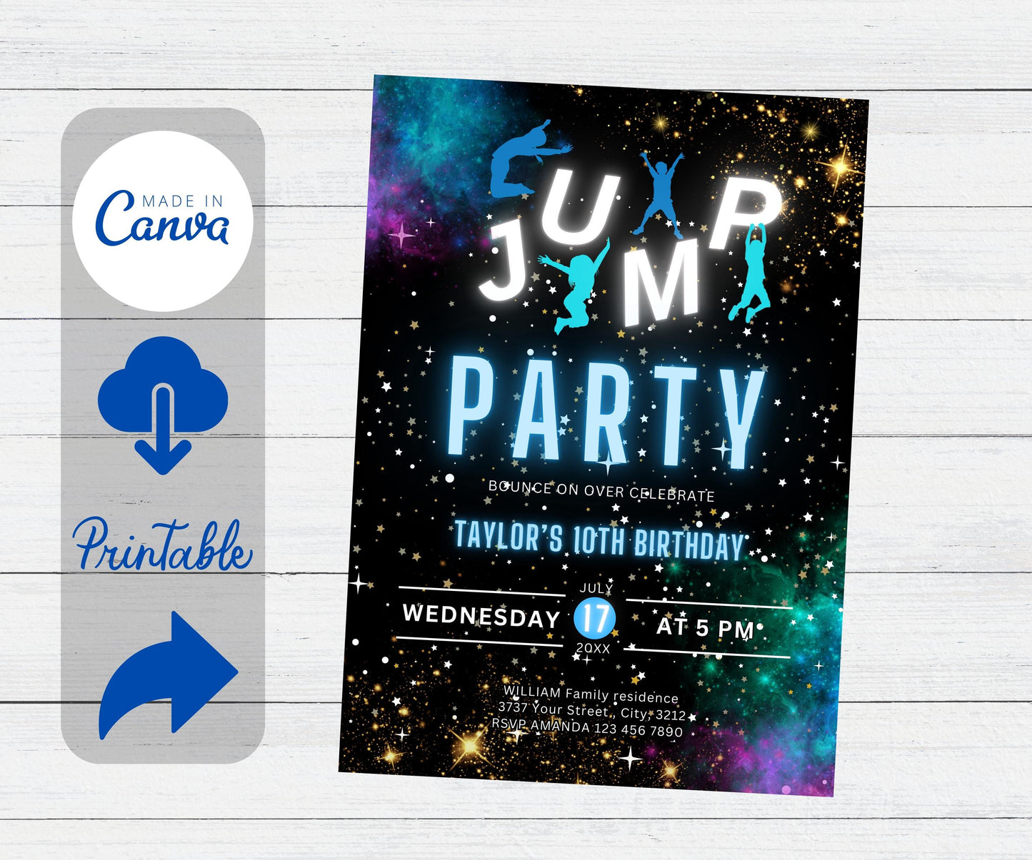 Editable Jump Birthday Invitation, Jump Invite, Trampoline Party, Bounce House, Let's Jump Party, Trampoline Park, Blue Jump, Glow Galaxy