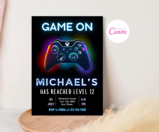 Video Gamer Birthday Invitation, Printable Neon Gamer Birthday Invitation, Level Up boy Birthday, Editable Arcade Game Birthday Invite