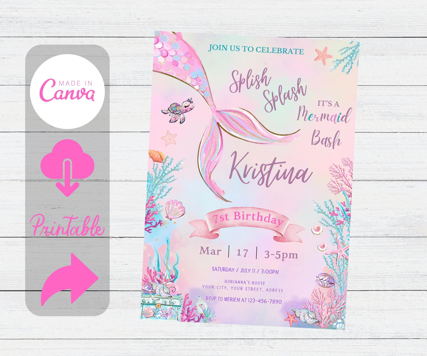 Editable Mermaid Birthday Invitation, Mermaid Bash Under the Sea Birthday Invite, Sprinkle, Pink, Purple, Gold Mermaid Birthday Invite