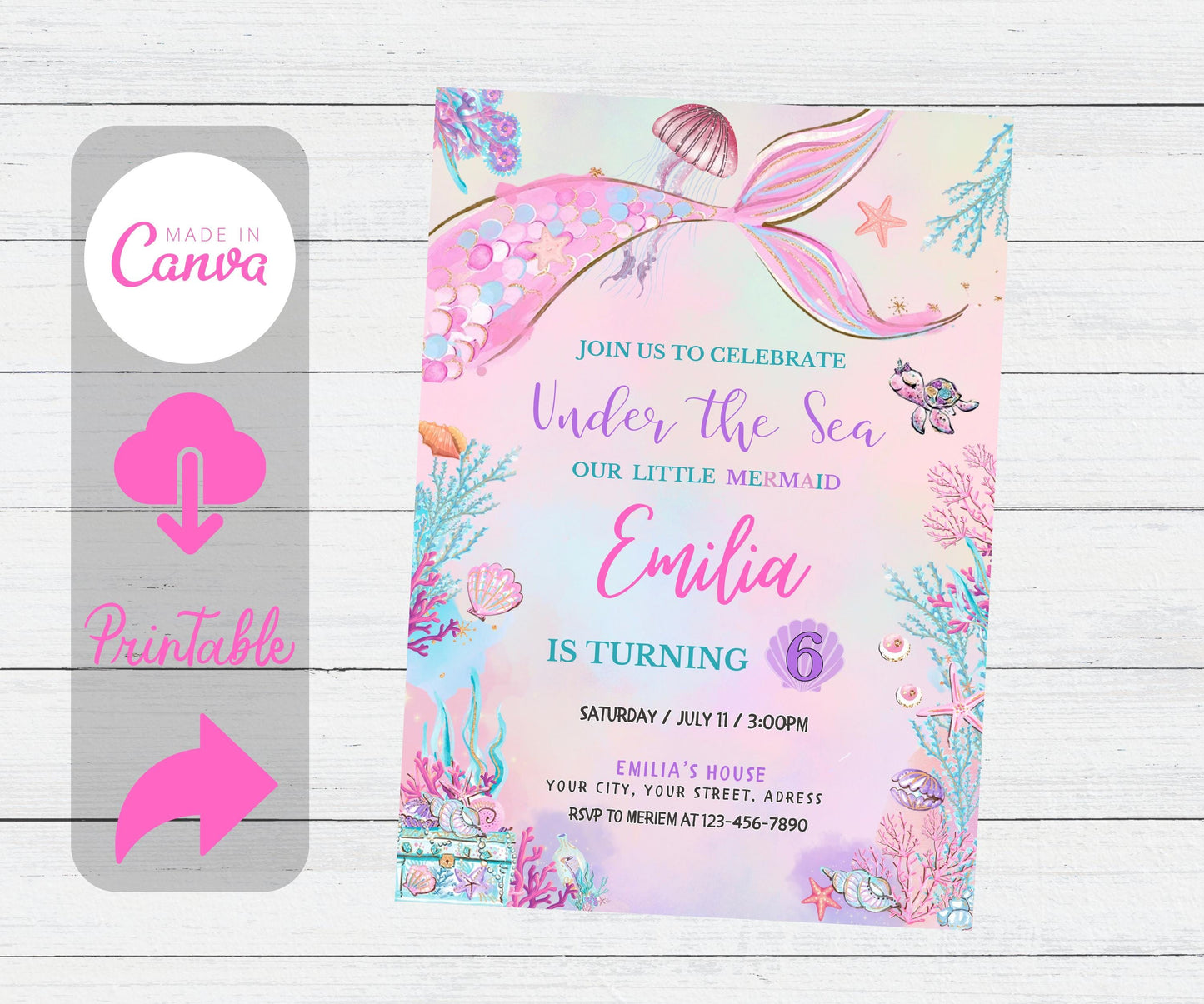 Mermaid Tail Birthday Invitation, Under the Sea Birthday Invitation Girl, Editable Birthday Template, Purple Teal Mermaid Birthday