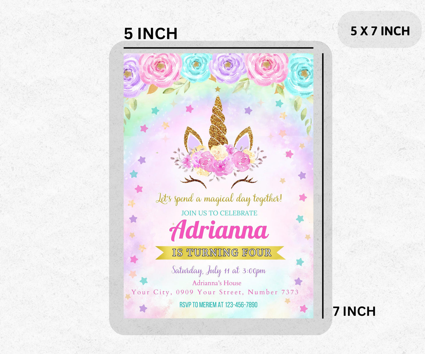 Editable Unicorn Birthday Invitation, Rainbow Unicorn Party Invite, Pink Purple Gold Floral Unicorn Girl Birthday Invite, Digital Download