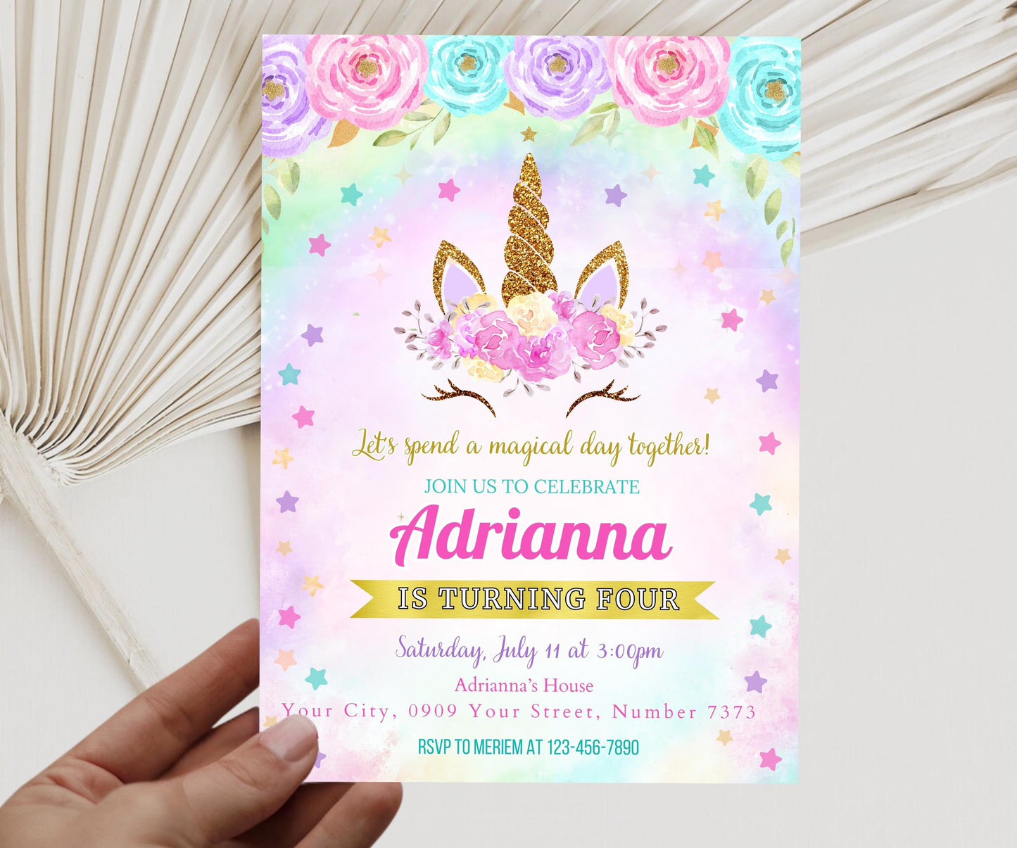 Editable Unicorn Birthday Invitation, Rainbow Unicorn Party Invite, Pink Purple Gold Floral Unicorn Girl Birthday Invite, Digital Download