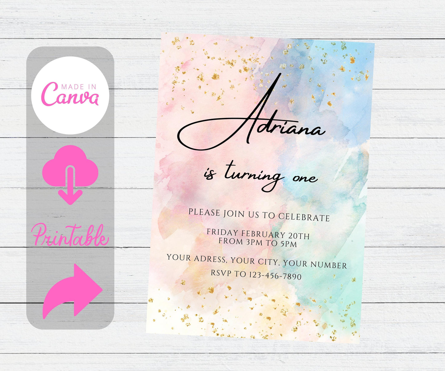 Rainbow Birthday Invitation Ombre Pastel Invitation Colorful Watercolor Splash Gold Glitter Sprinkles Tie Dye Printable Digital Invite