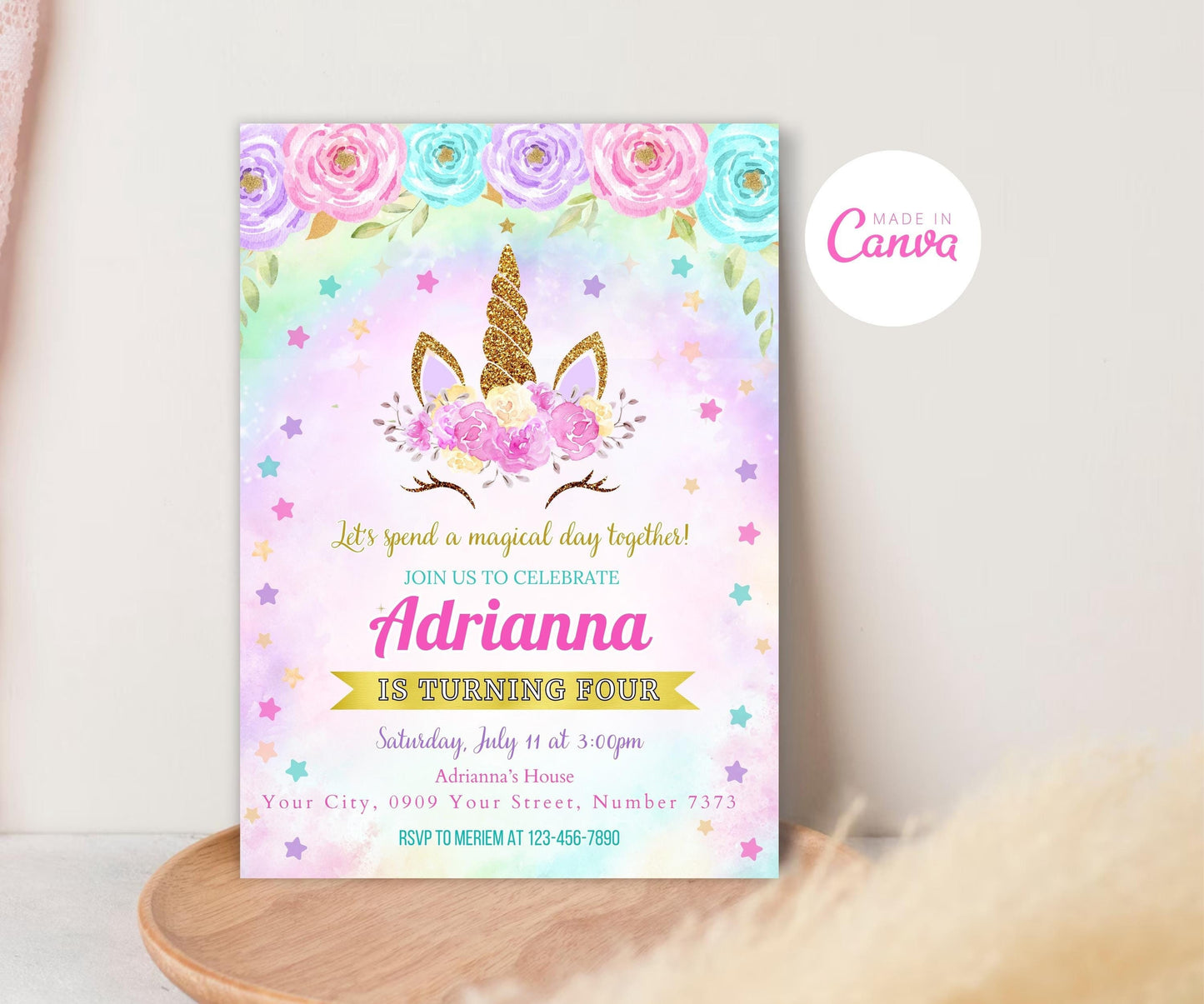 Editable Unicorn Birthday Invitation, Rainbow Unicorn Party Invite, Pink Purple Gold Floral Unicorn Girl Birthday Invite, Digital Download