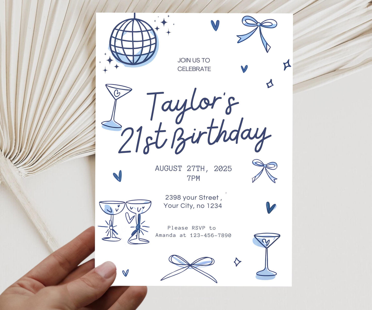 Editable Trendy Hand-Drawn 21st Birthday Invitation | Canva Template with Doodles | Disco Ball Design & Blue Cocktail | Instant Download