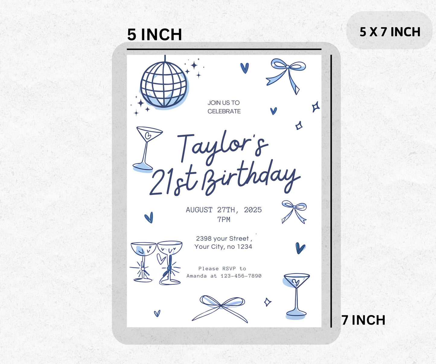 Editable Trendy Hand-Drawn 21st Birthday Invitation | Canva Template with Doodles | Disco Ball Design & Blue Cocktail | Instant Download