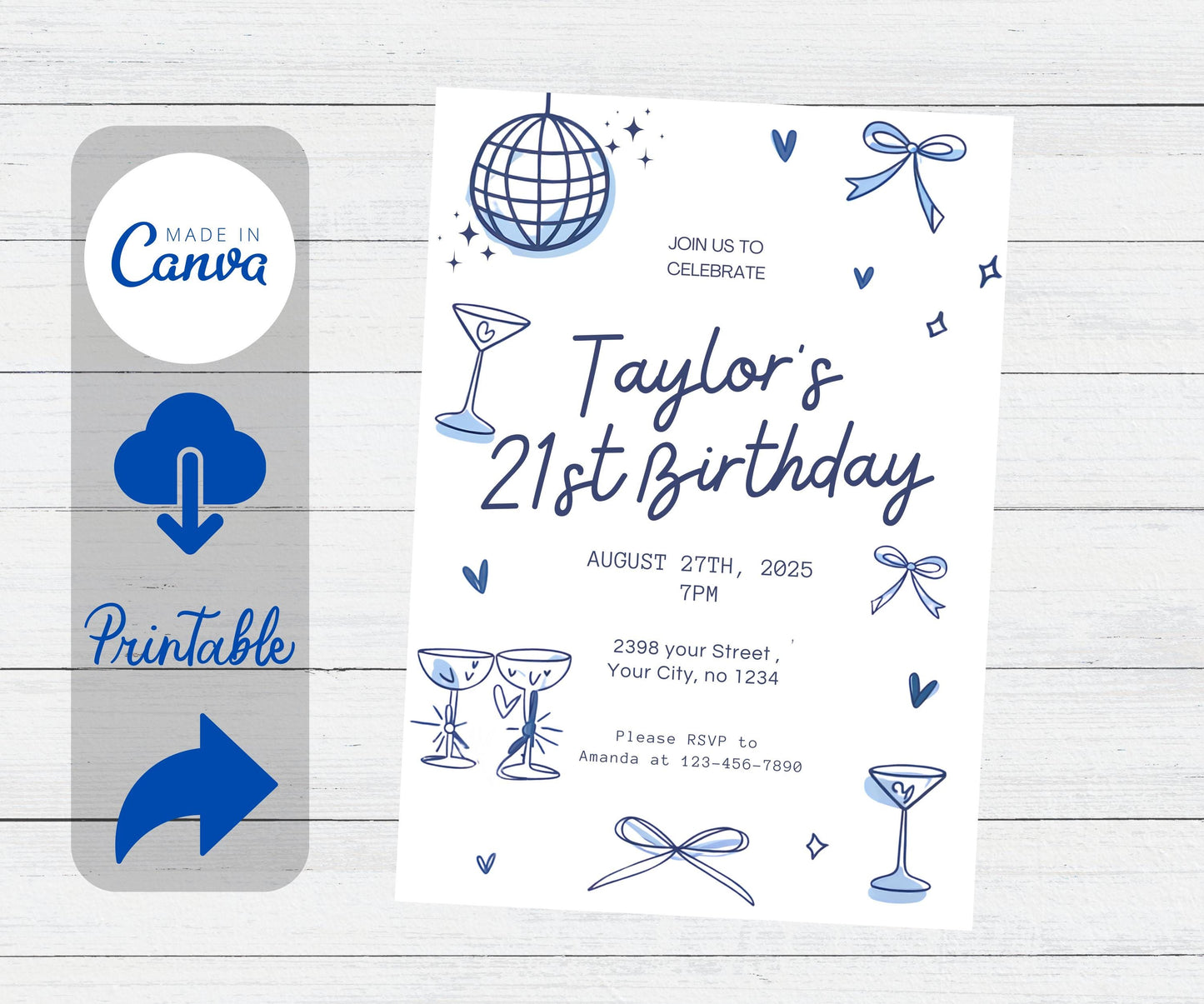 Editable Trendy Hand-Drawn 21st Birthday Invitation | Canva Template with Doodles | Disco Ball Design & Blue Cocktail | Instant Download