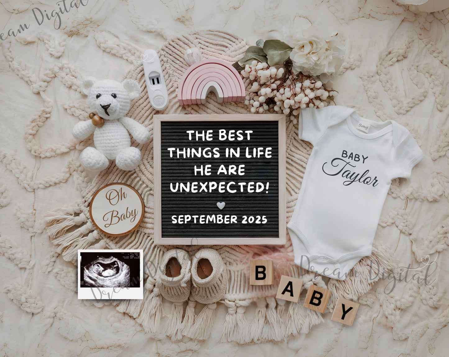 EDITABLE Boho Baby Pregnancy Announcement with Test, Unexpected Pregnancy Reveal, Best Things Unexpected Baby Reveal, Pregnancy Template