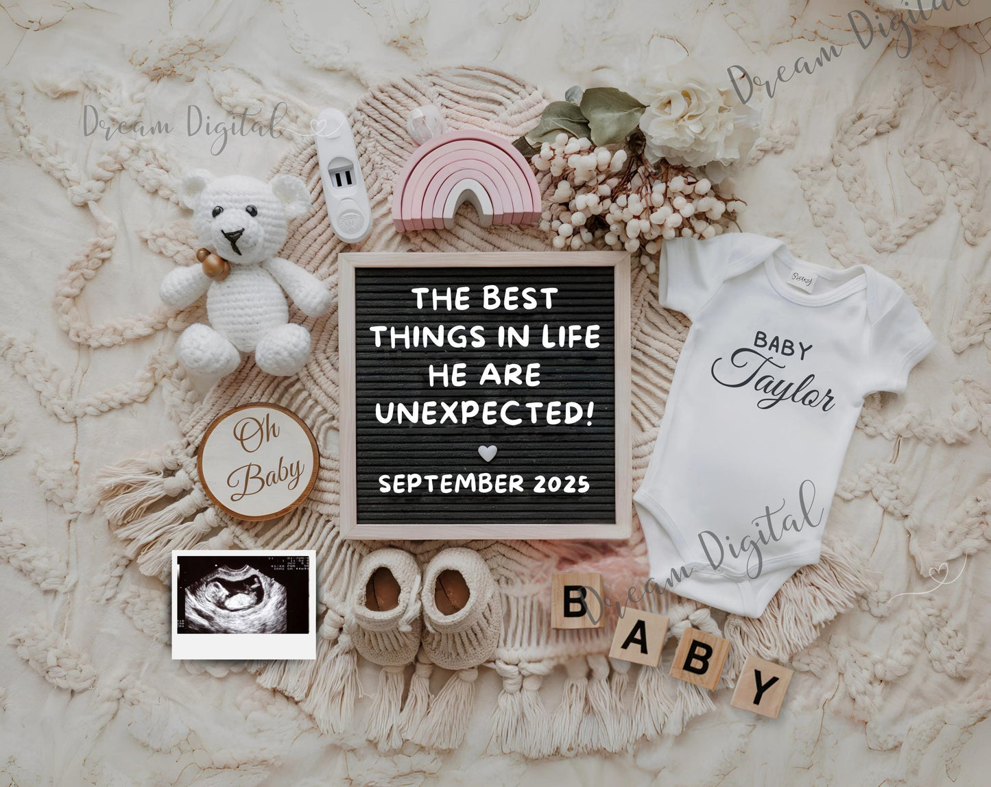 EDITABLE Boho Baby Pregnancy Announcement with Test, Unexpected Pregnancy Reveal, Best Things Unexpected Baby Reveal, Pregnancy Template