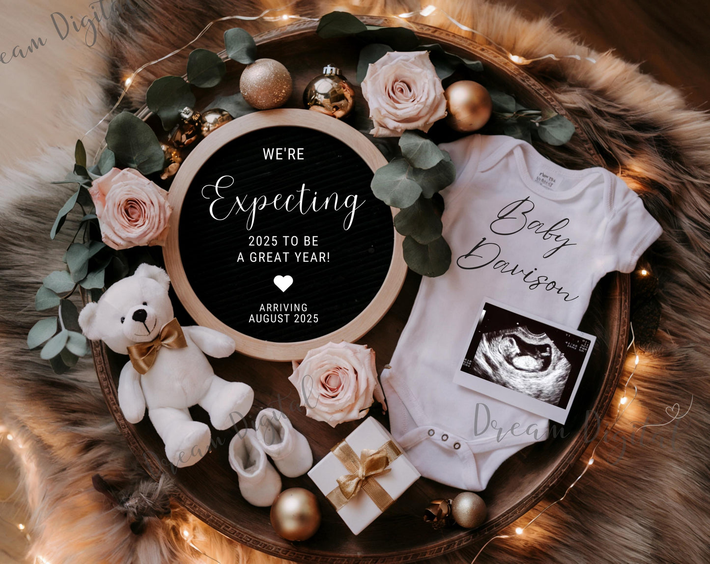 Digital New Years Pregnancy Announcement, Magical 2025 Baby Announcement, Editable Social Media Ultrasound Reveal, Neutral Christmas Wreath