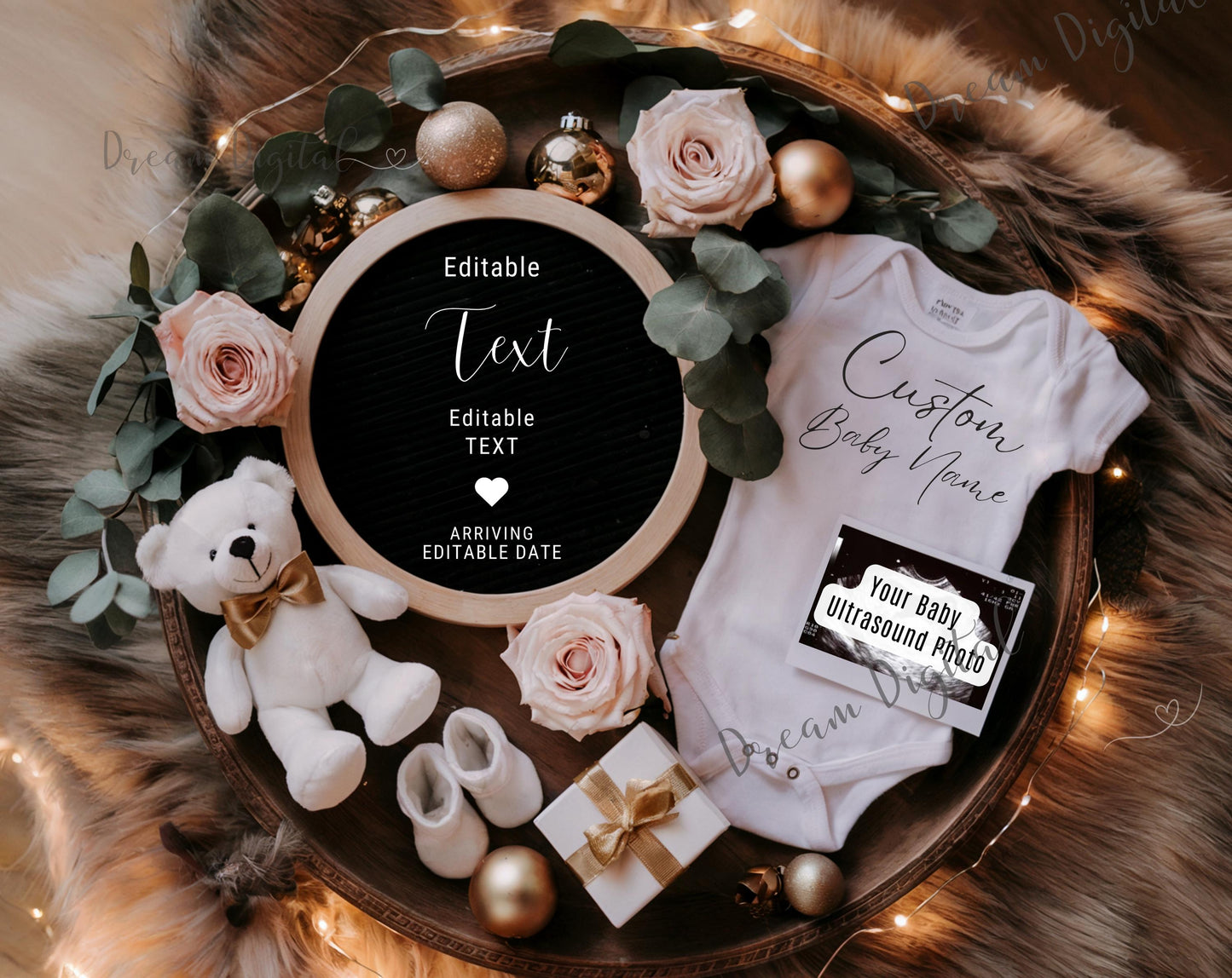 Digital New Years Pregnancy Announcement, Magical 2025 Baby Announcement, Editable Social Media Ultrasound Reveal, Neutral Christmas Wreath