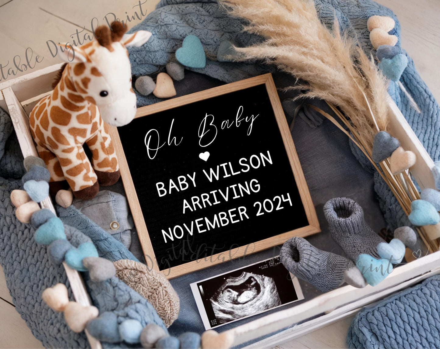 Digital Boy Digital Pregnancy Announcement Reveal | Editable Giraffe Baby Announcement | Oh, Boy! Blue Social Media Gender Reveal