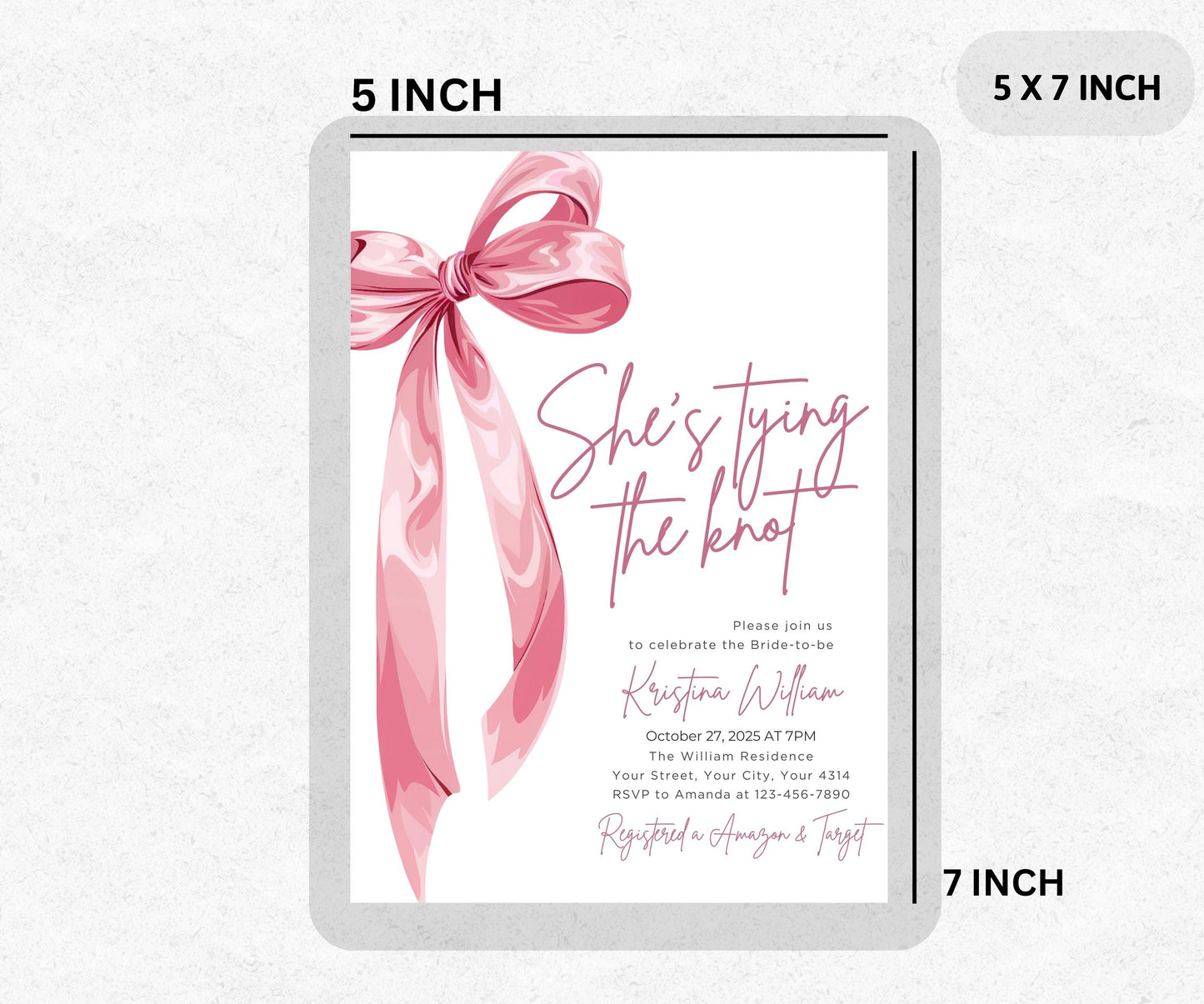 She's Tying the Knot Bridal Shower Invitation Template, Editable Minimalist Pink Bow Bridal Shower Invite Pink Bow Ribbon Wedding Shower