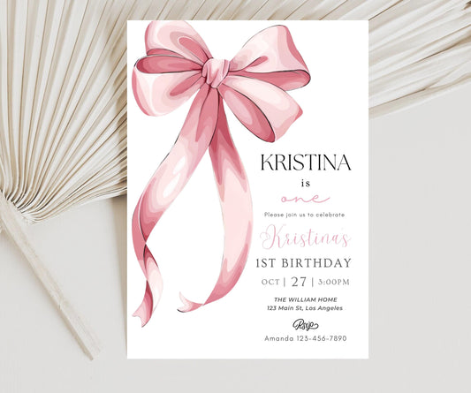 Pink Bow 1st Birthday Invitation Girl, First Birthday Template Printable, Pink Coquette Bow Invitation 1st Birthday Girl Invite, Bow Invite