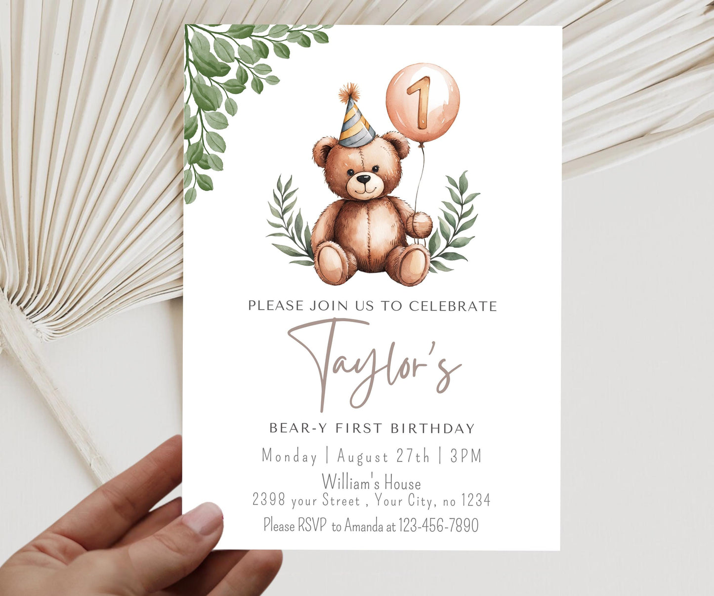 Greenery Bear Birthday Invitation, Editable ANY AGE Teddy Bear Neutral Invite Beary First Boho Birthday Minimalist Invite Printable Template