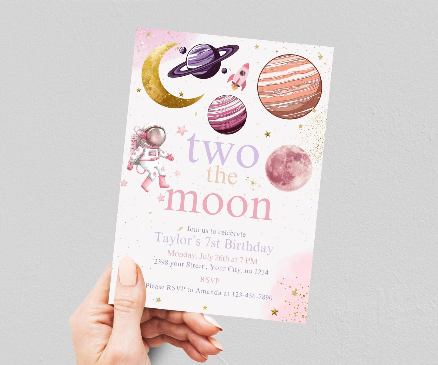 Two the Moon 1st Birthday Invite Girl, Pastel Outerspace Invitation, Space 2nd Birthday Invitation, Girl 3rd Birthday, Two the Moon Party