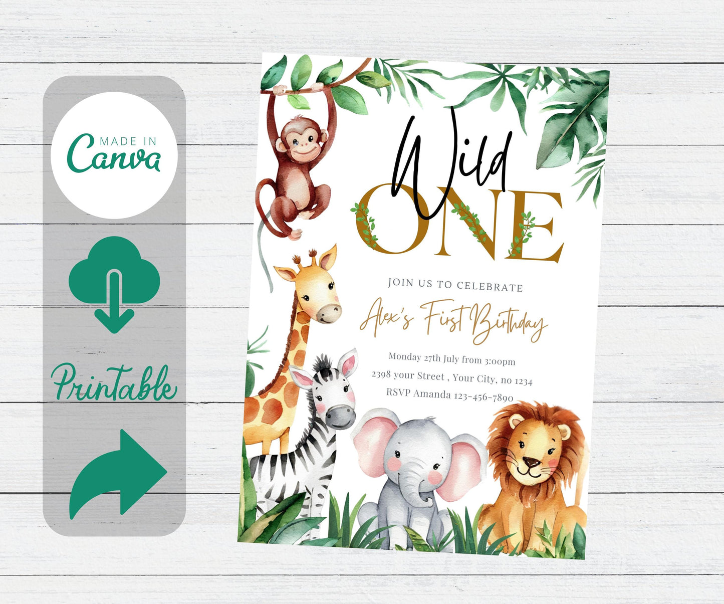 EDITABLE Safari Birthday Invitation, Wild One 1st Birthday Invite, Gold Jungle Animals 2nd invitations, Printable template Instant Download