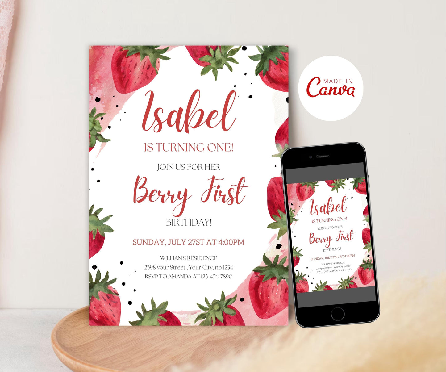 Editable Berry First Strawberry Birthday Invitation, Red Strawberry 1st Birthday Invite, Berry Sweet 2nd Birthday 3rd Invitation Template