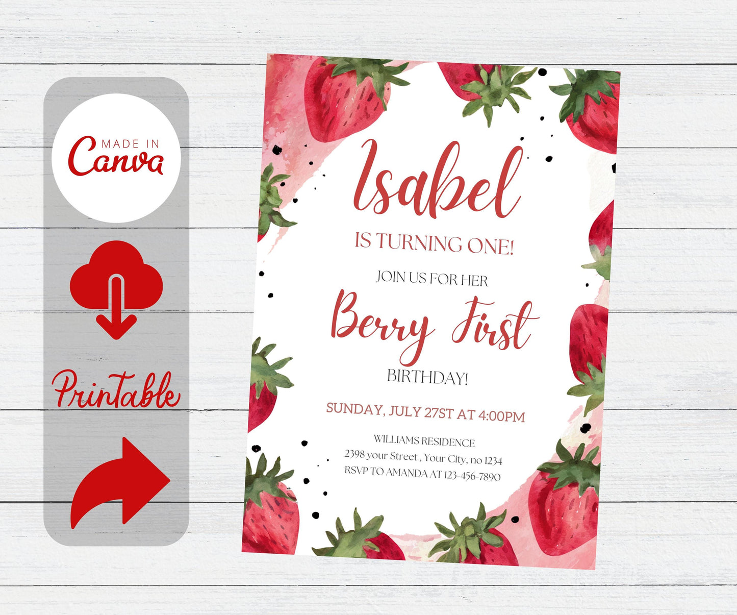 Editable Berry First Strawberry Birthday Invitation, Red Strawberry 1st Birthday Invite, Berry Sweet 2nd Birthday 3rd Invitation Template