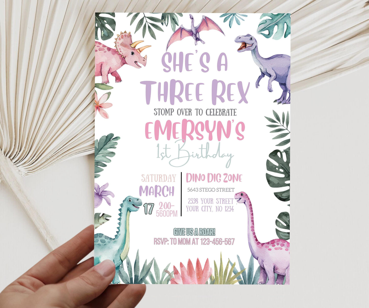 EDITABLE Pastel Dinosaur Birthday Invitation Girl Three Rex Party Editable Invite Cute Dino Pink Template Printable