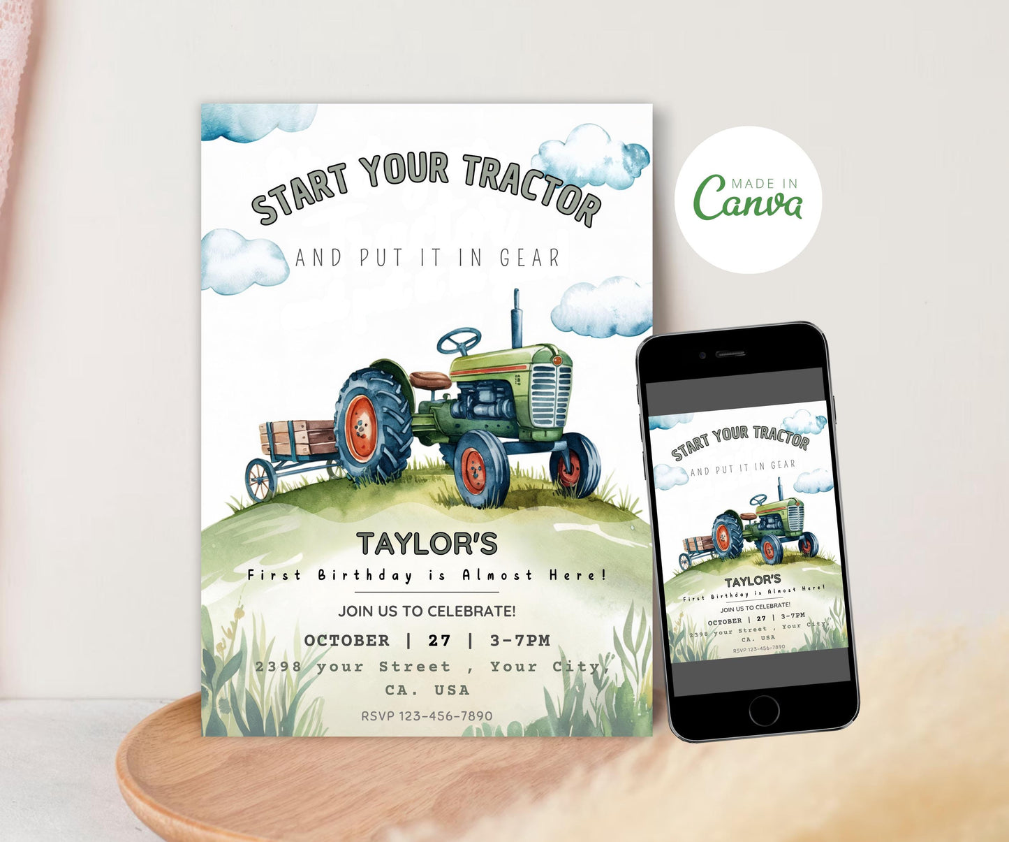 Editable Tractor Birthday invitation, Green Tractor Invitation, any age, 1st birthday, 2nd birthday, Farm Tractor 3rd birthday Invitation