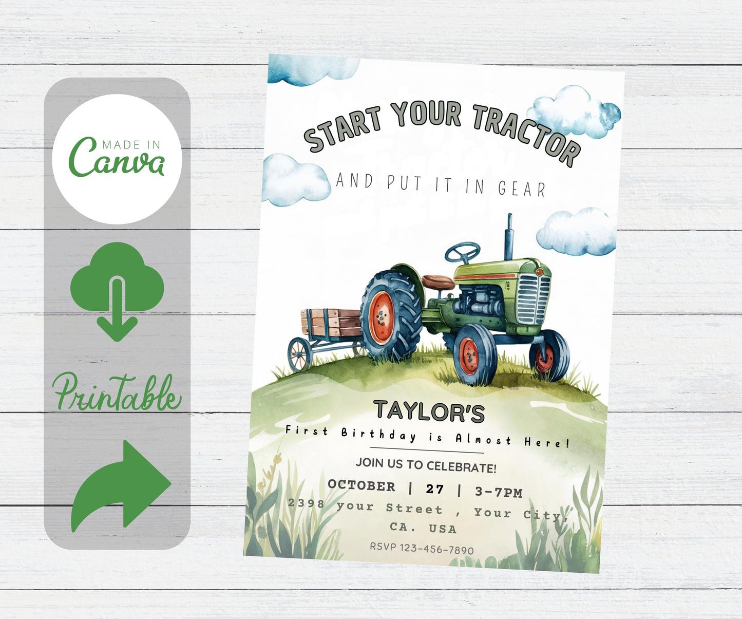 Editable Tractor Birthday invitation, Green Tractor Invitation, any age, 1st birthday, 2nd birthday, Farm Tractor 3rd birthday Invitation