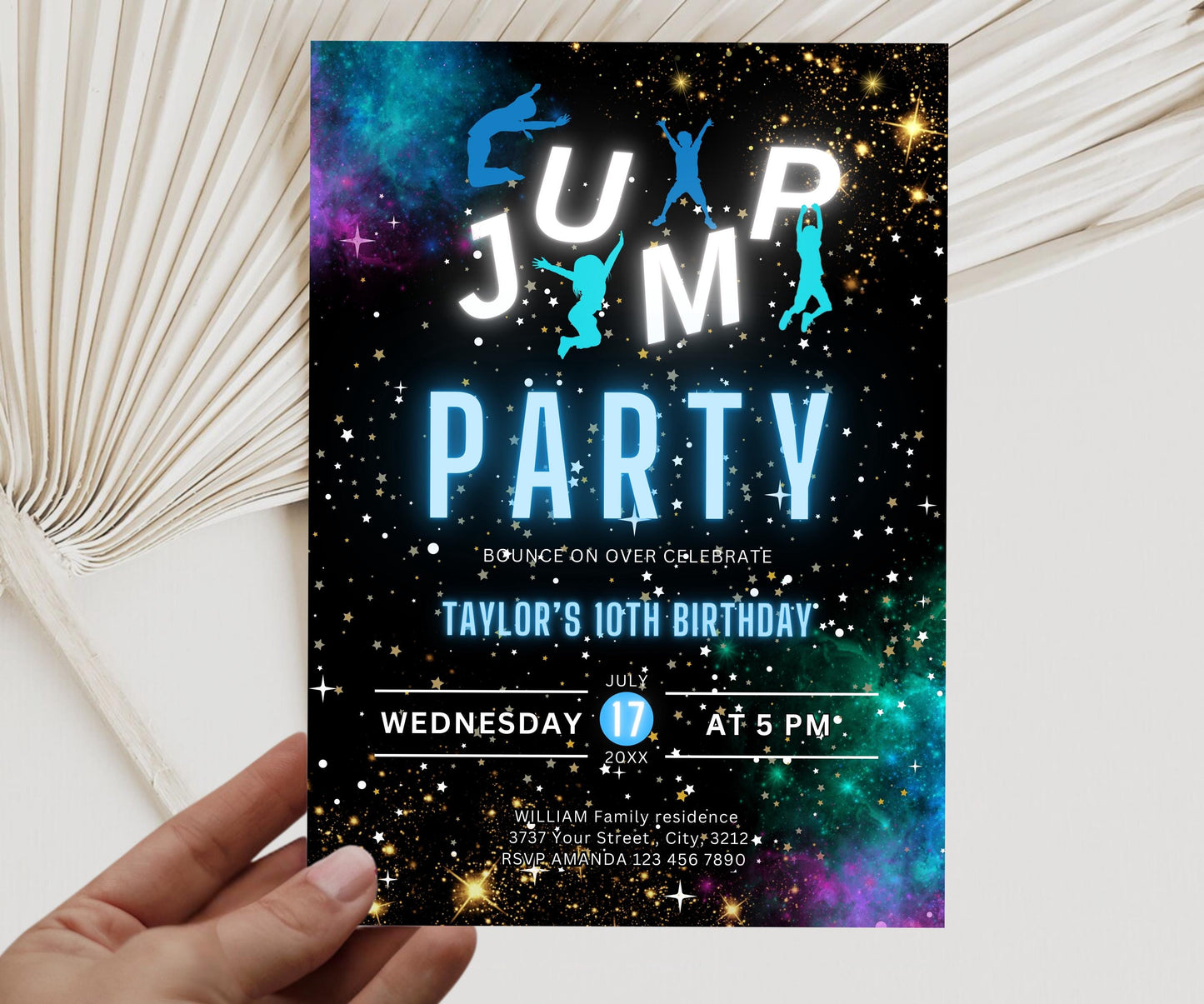 Editable Jump Birthday Invitation, Jump Invite, Trampoline Party, Bounce House, Let's Jump Party, Trampoline Park, Blue Jump, Glow Galaxy