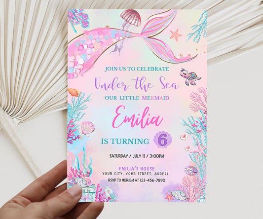 Mermaid Tail Birthday Invitation, Under the Sea Birthday Invitation Girl, Editable Birthday Template, Purple Teal Mermaid Birthday