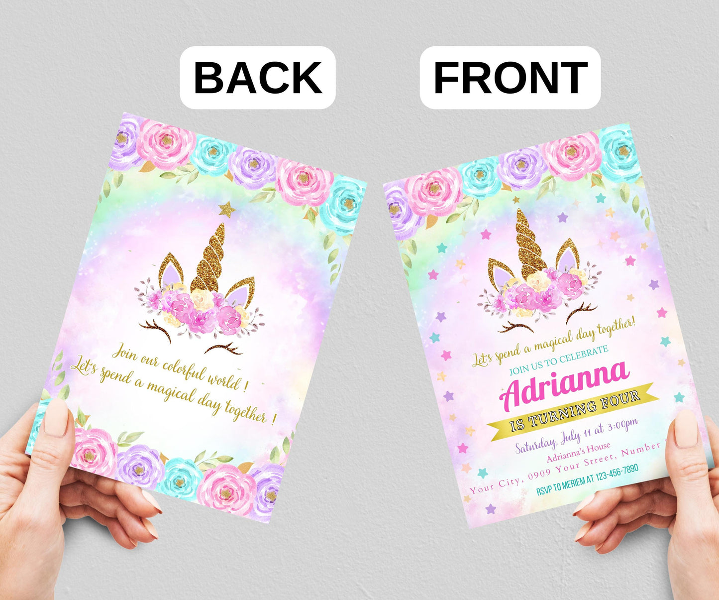 Editable Unicorn Birthday Invitation, Rainbow Unicorn Party Invite, Pink Purple Gold Floral Unicorn Girl Birthday Invite, Digital Download